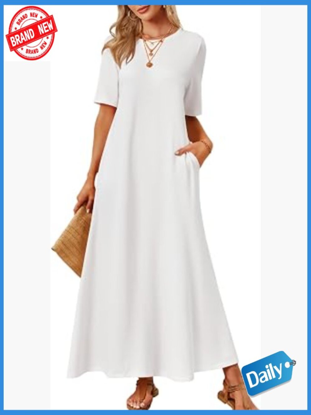 Women's Maxi T-Shirt Dress with Pockets, Crew Neck Short Sleeve, Soft & Flowy